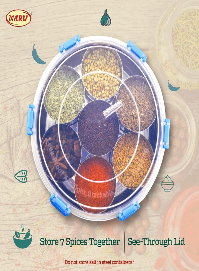 مارو علبة توابل مارو من الفولاذ المقاوم للصدأ | علبة ماسالا من الفولاذ المقاوم للصدأ | علبة ماسالا للمطبخ من الفولاذ | علبة ماسالا للمطبخ بغطاء بلاستيكي، 7 حاويات وملعقة واحدة - (قطر 18.8 سم) (أزرق) - Image 5